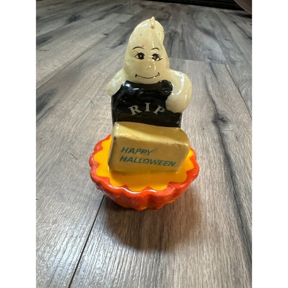 VTG  Halloween Ghost Candle With Jack-O-Lantern Base RIP Headstone Happy Hallowe - Picture 1 of 6